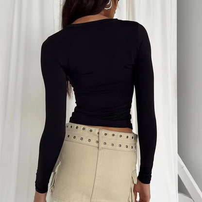 Women's Long Sleeve Slim Fit Casual T-Shirt - Spring Autumn Solid Color Crop Top for Y2K Streetwear
