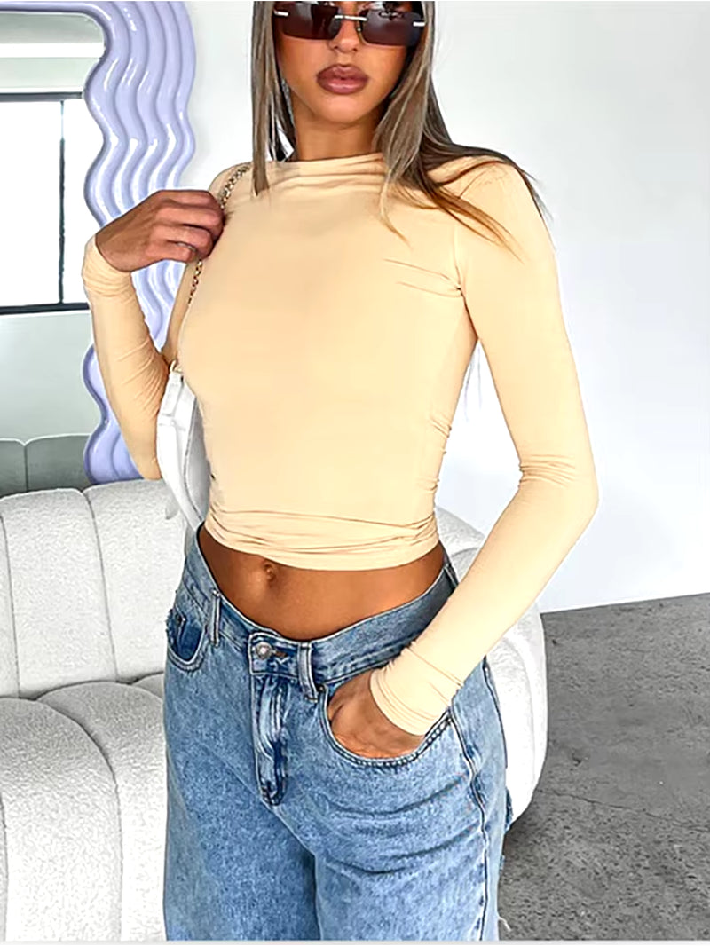 Women's Long Sleeve Slim Fit Casual T-Shirt - Spring Autumn Solid Color Crop Top for Y2K Streetwear