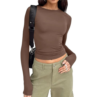 Women's Long Sleeve Slim Fit Casual T-Shirt - Spring Autumn Solid Color Crop Top for Y2K Streetwear