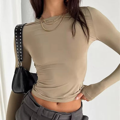 Women's Long Sleeve Slim Fit Casual T-Shirt - Spring Autumn Solid Color Crop Top for Y2K Streetwear