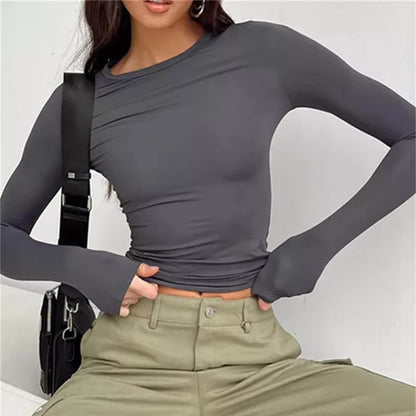 Women's Long Sleeve Slim Fit Casual T-Shirt - Spring Autumn Solid Color Crop Top for Y2K Streetwear